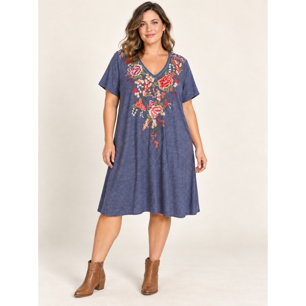 Johnny Was Los Angeles Embroidered Floral Tunic Dress 2X Blue Boho Cottagecore